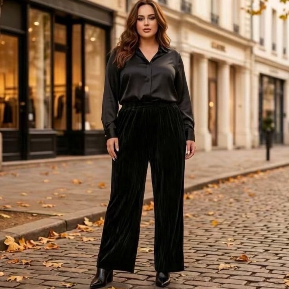 VTG Carole Little Black Crushed Velvet Wide Leg Pants Silk Blend 2X Made in USA